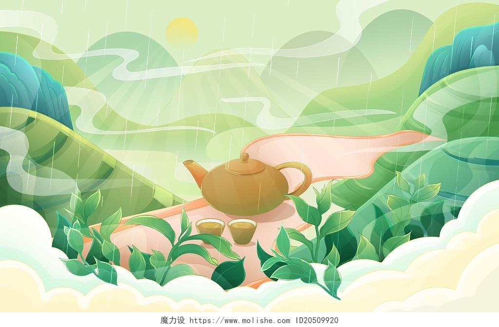 国潮茶叶卡通春茶插画绿色春天psd素材春茶茶文化采茶